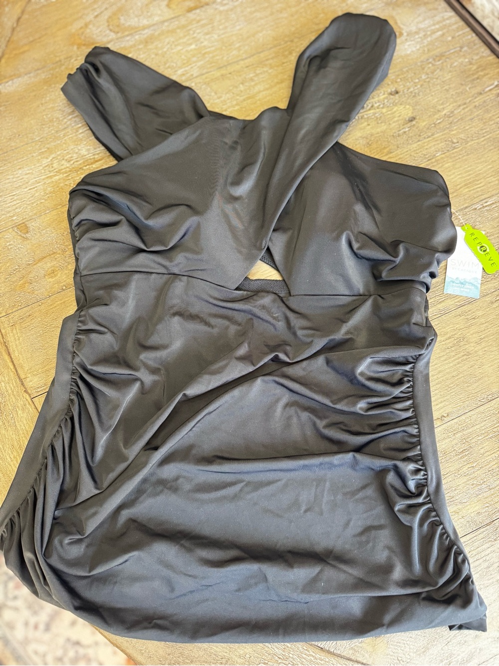 NWT Swim Collection Black Ruched One Shoulder Bikini Top Size 16